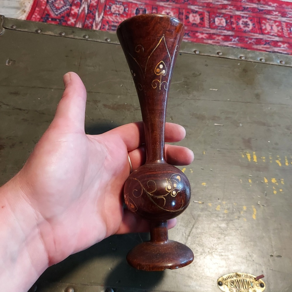 Vintage Hand Carved Wood Bud Vase Brass Floral Inlay Mother of Pearl India 8in